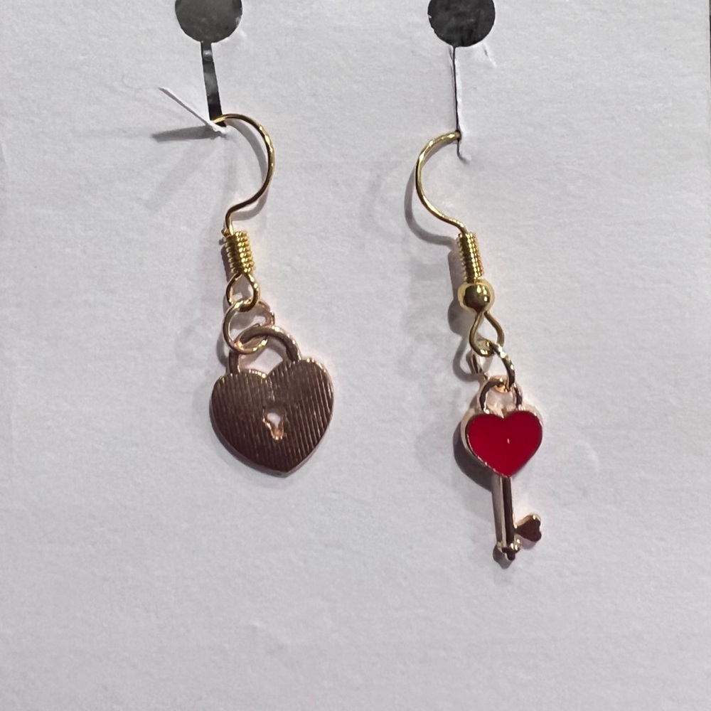 Gold and Red Heart Key Earrings